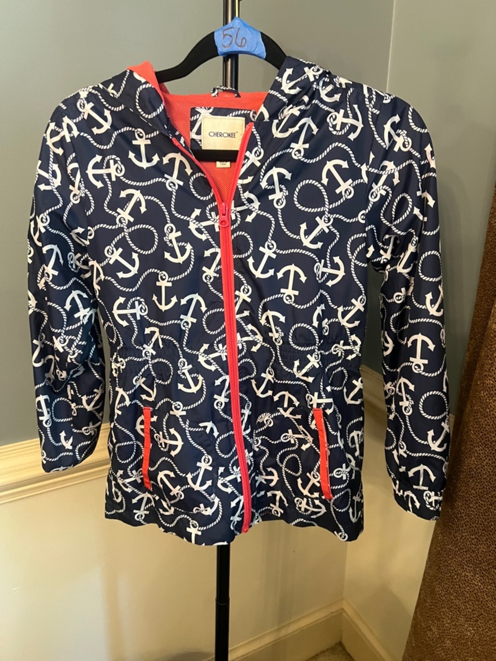 Cherokee Navy Anchor Raincoat with White Anchors and Coral Trim